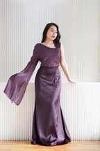 Elune Toga Sleeves Satin High Waist Maxi Dress in Purple