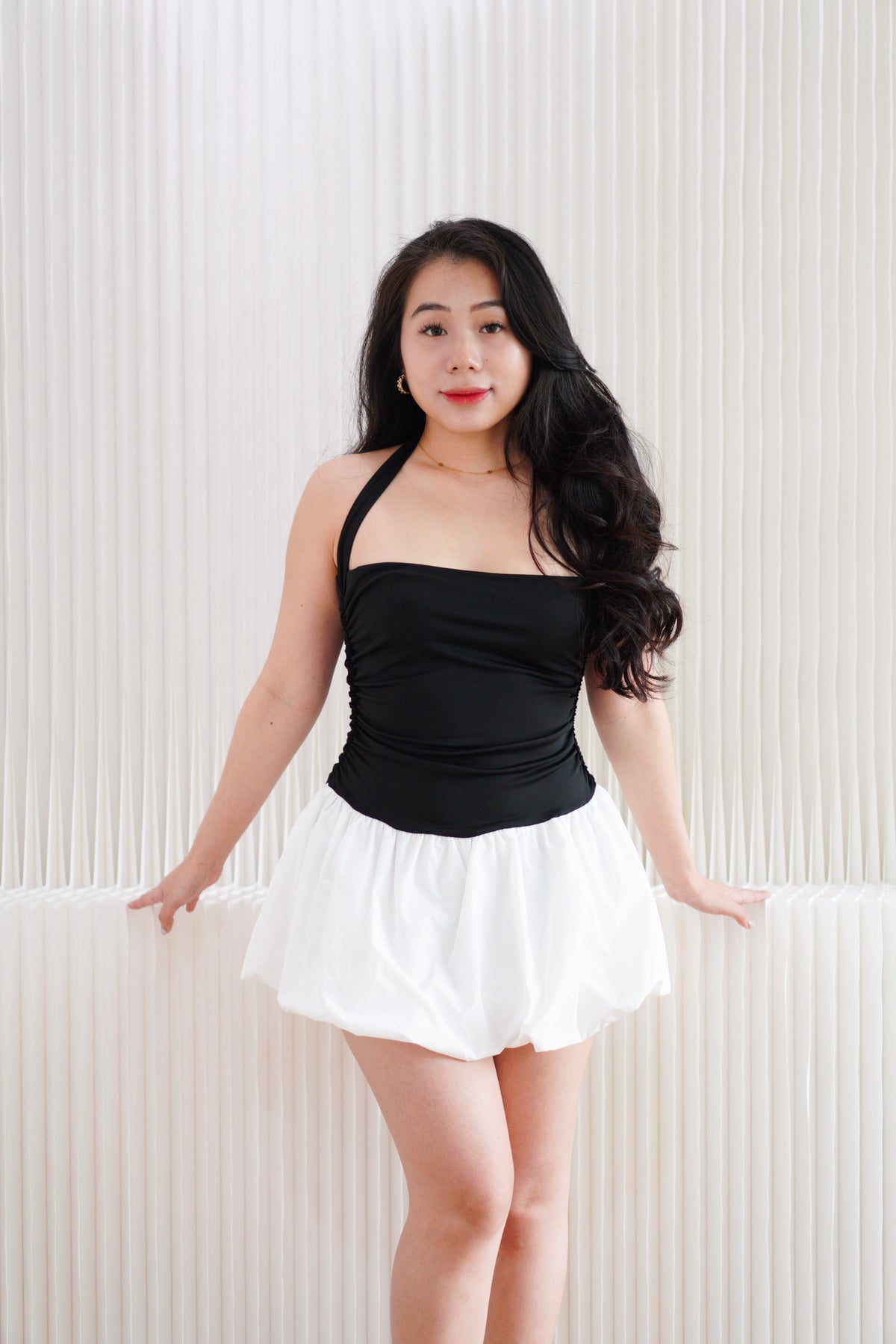 Nixi Halter Neck Mini Bubble Dress in Black and White