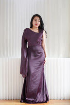 Elune Toga Sleeves Satin High Waist Maxi Dress in Purple