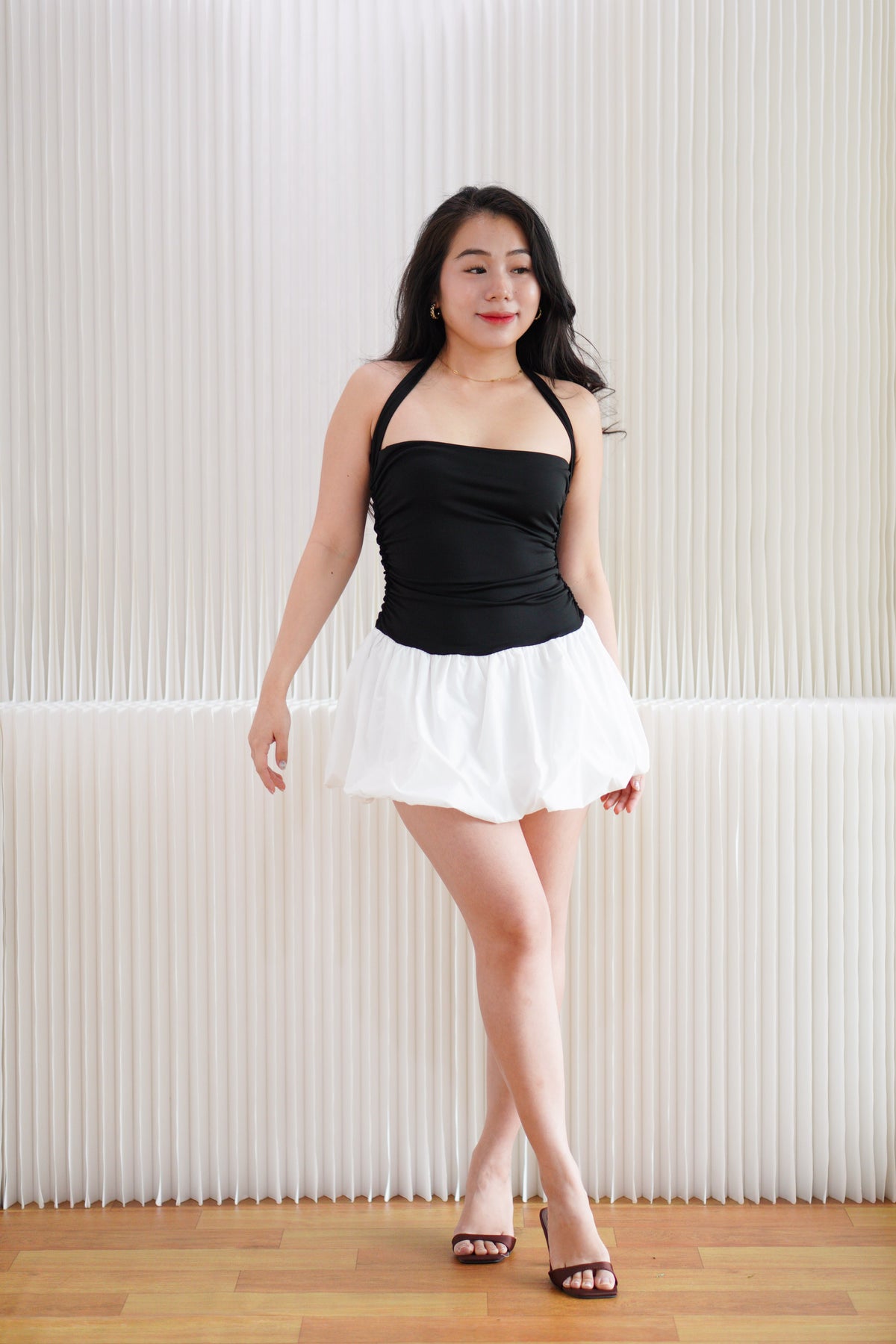 Nixi Halter Neck Mini Bubble Dress in Black and White