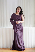 Elune Toga Sleeves Satin High Waist Maxi Dress in Purple
