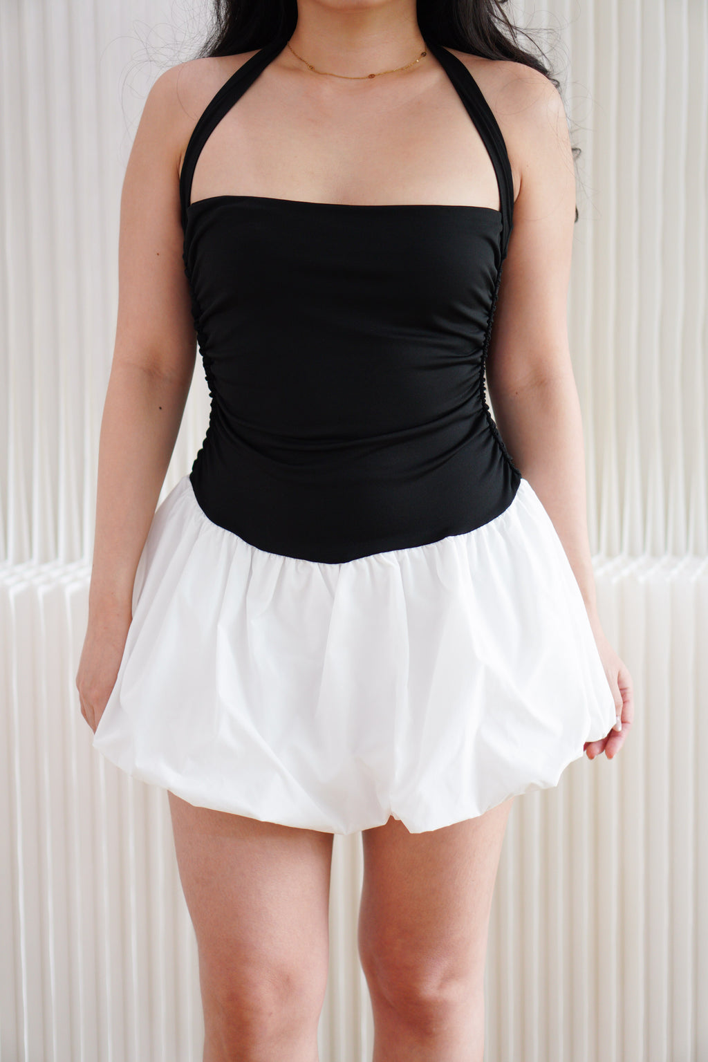 Nixi Halter Neck Mini Bubble Dress in Black and White