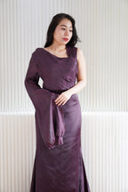 Elune Toga Sleeves Satin High Waist Maxi Dress in Purple