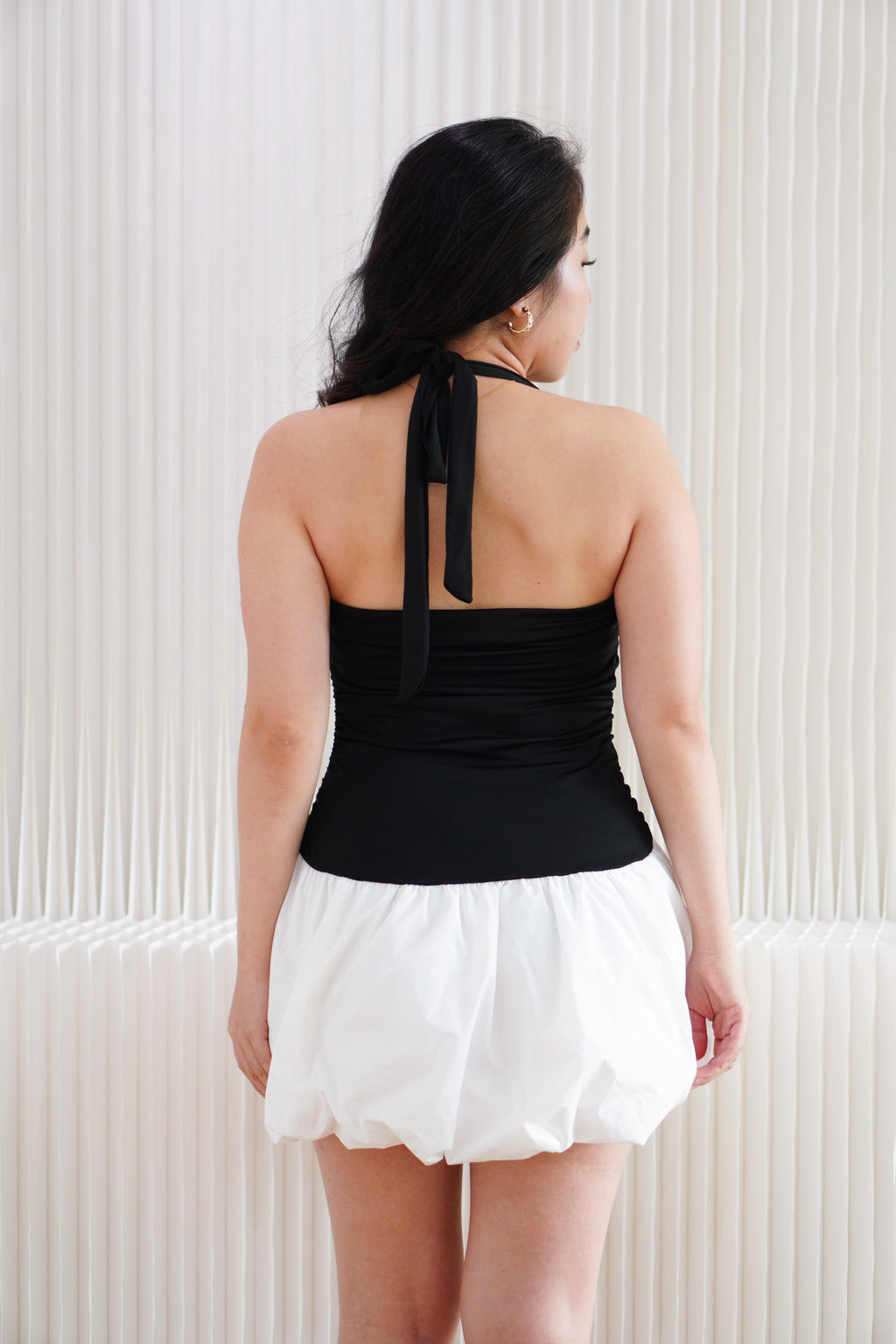 Nixi Halter Neck Mini Bubble Dress in Black and White