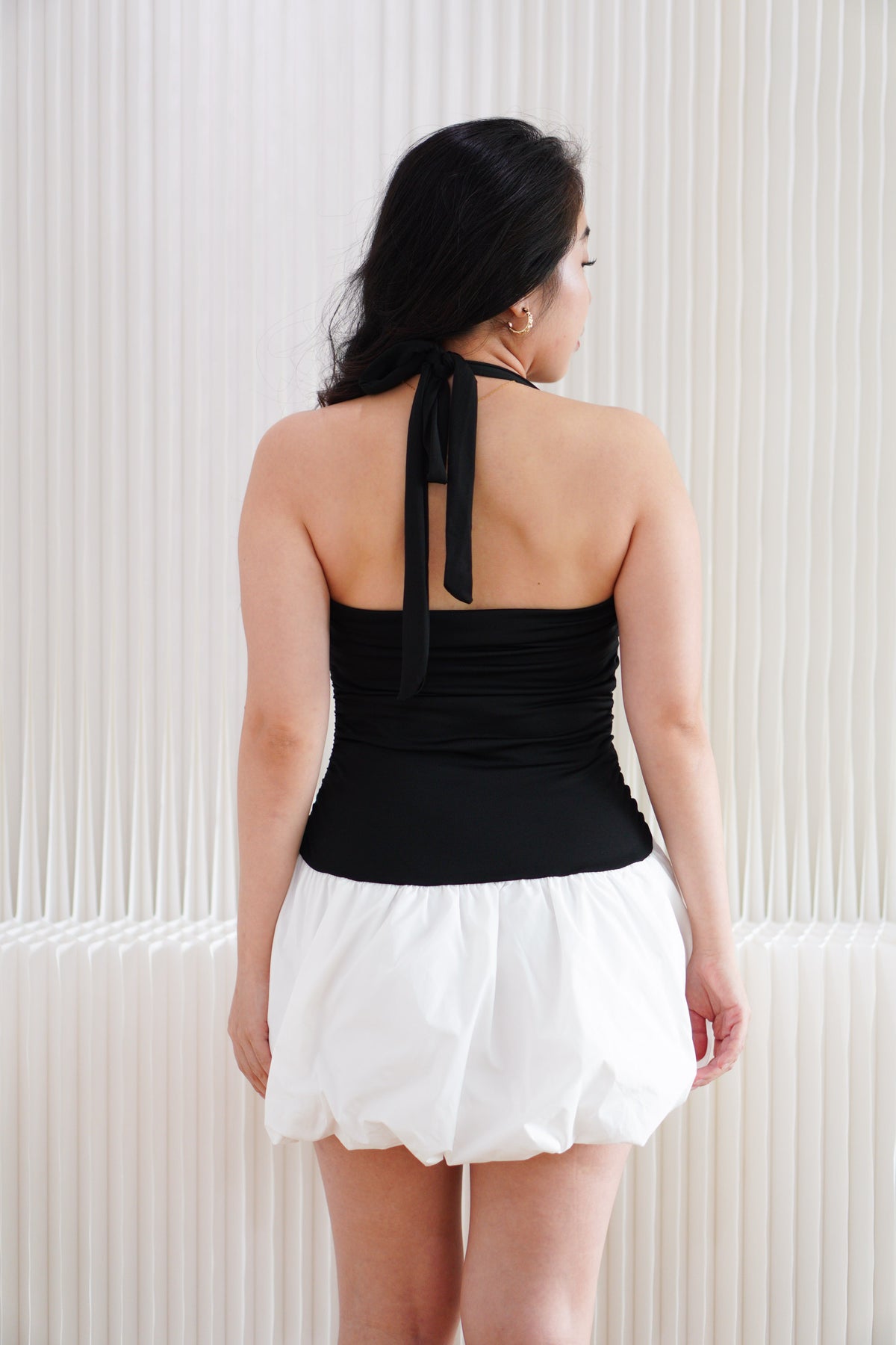 Nixi Halter Neck Mini Bubble Dress in Black and White