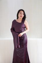Elune Toga Sleeves Satin High Waist Maxi Dress in Purple