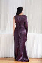 Elune Toga Sleeves Satin High Waist Maxi Dress in Purple
