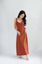 Haevia Linen A-Line Dress with Slit in Brick Red