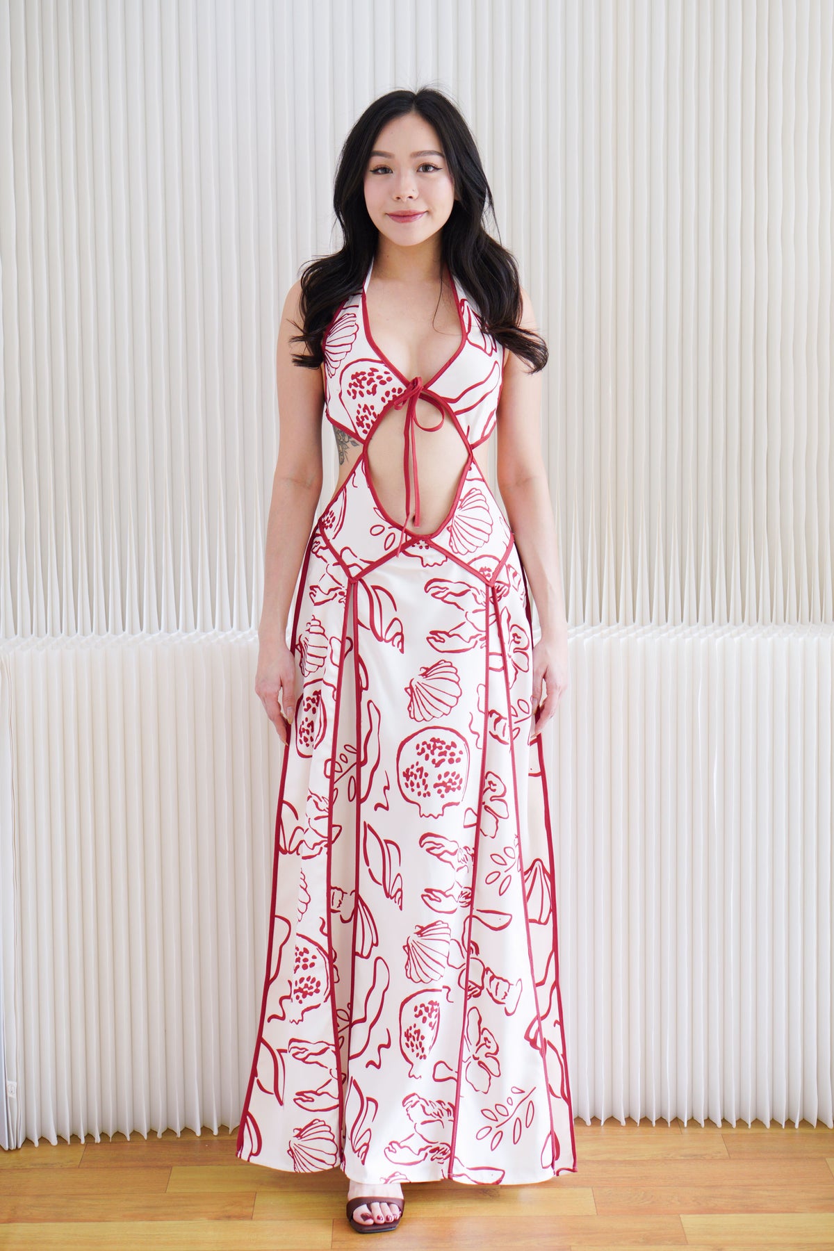 Saelene Halter Neck Cutout Floral Printed Dress in Red