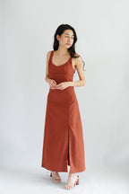 Haevia Linen A-Line Dress with Slit in Brick Red