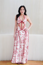 Saelene Halter Neck Cutout Floral Printed Dress in Red