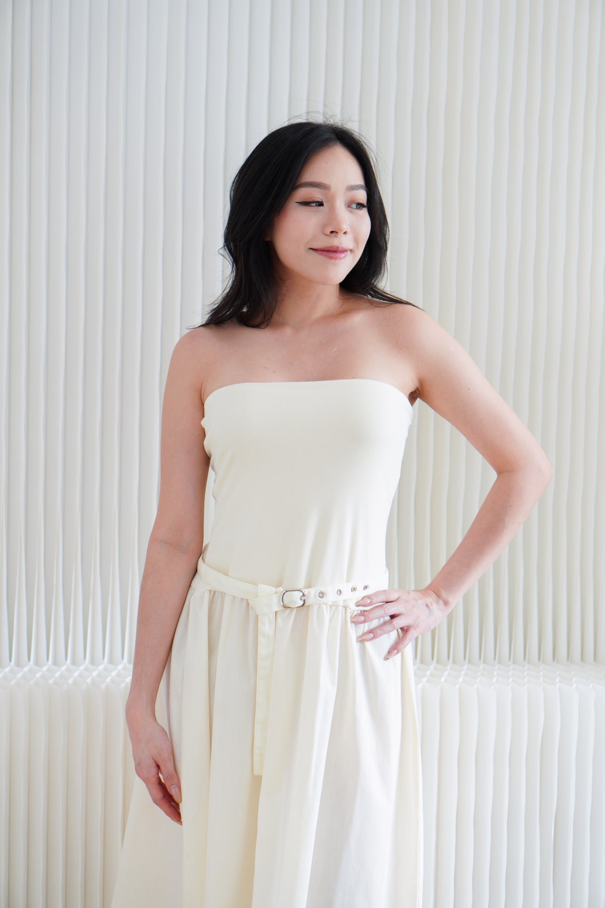 Oralyn Tube A-Line Dress with Belt in Cream