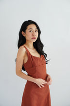 Haevia Linen A-Line Dress with Slit in Brick Red