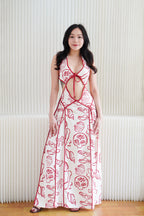 Saelene Halter Neck Cutout Floral Printed Dress in Red