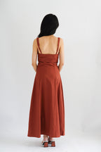 Haevia Linen A-Line Dress with Slit in Brick Red