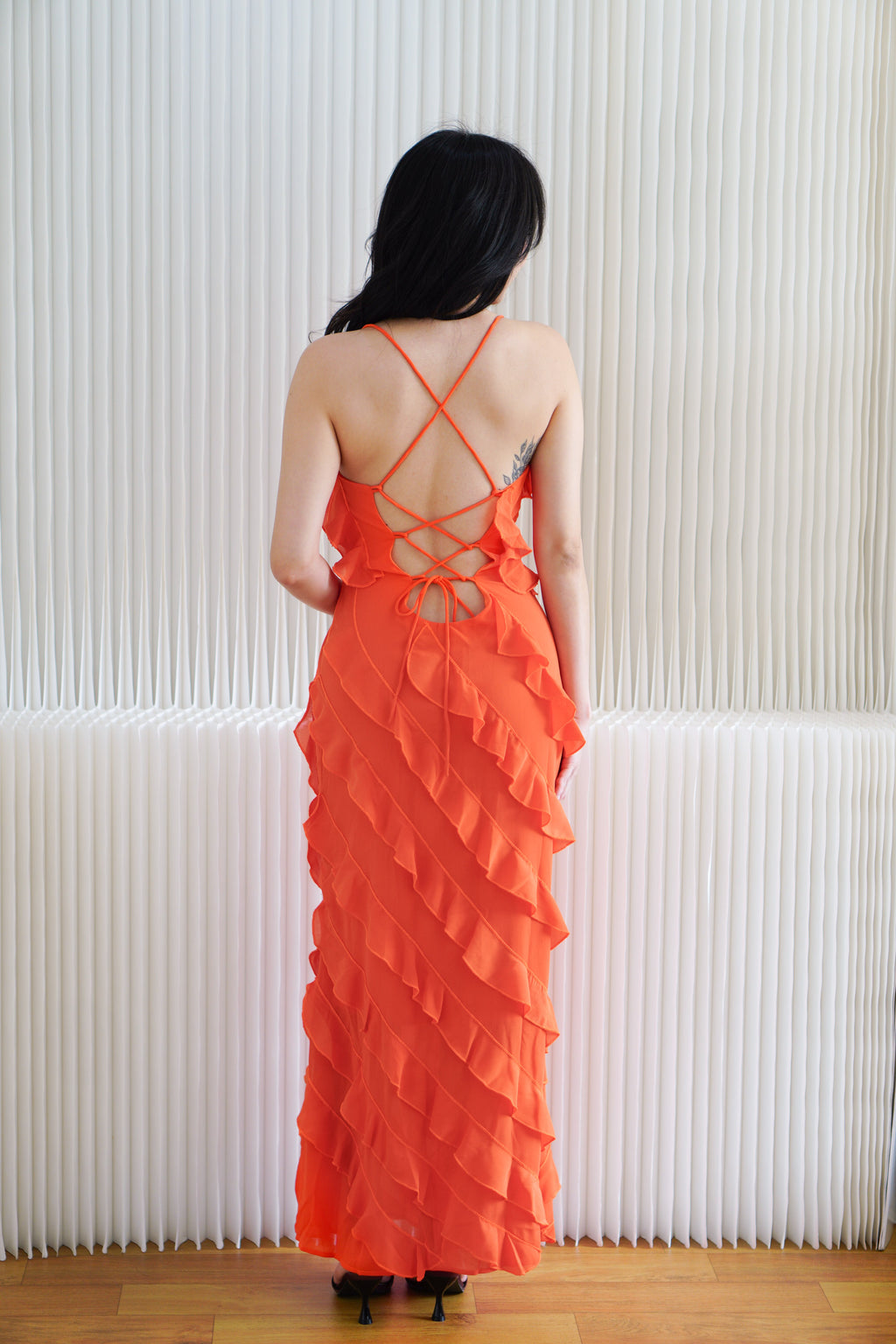 (BACKORDER) Winslet Crossback Maxi Dress with Frills in Orange
