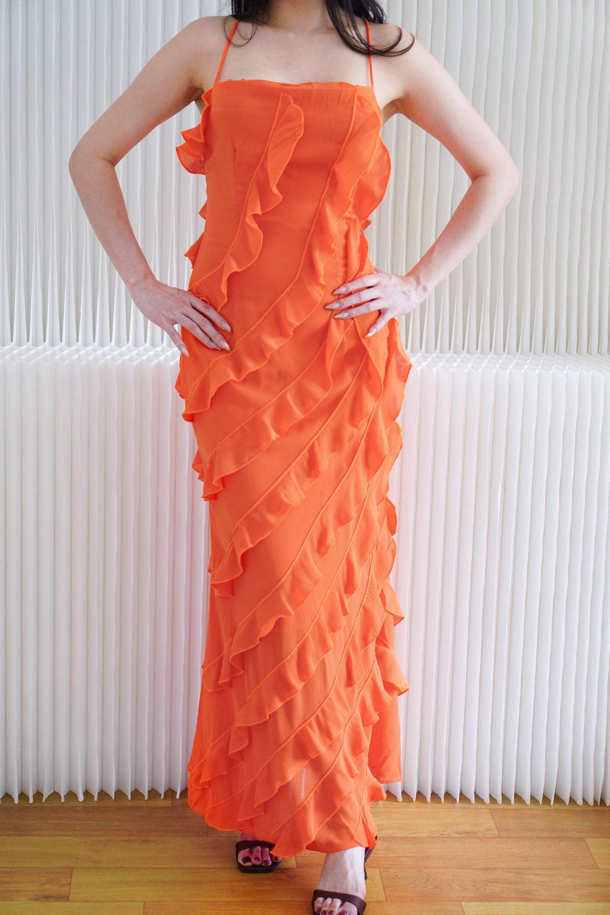 (BACKORDER) Winslet Crossback Maxi Dress with Frills in Orange