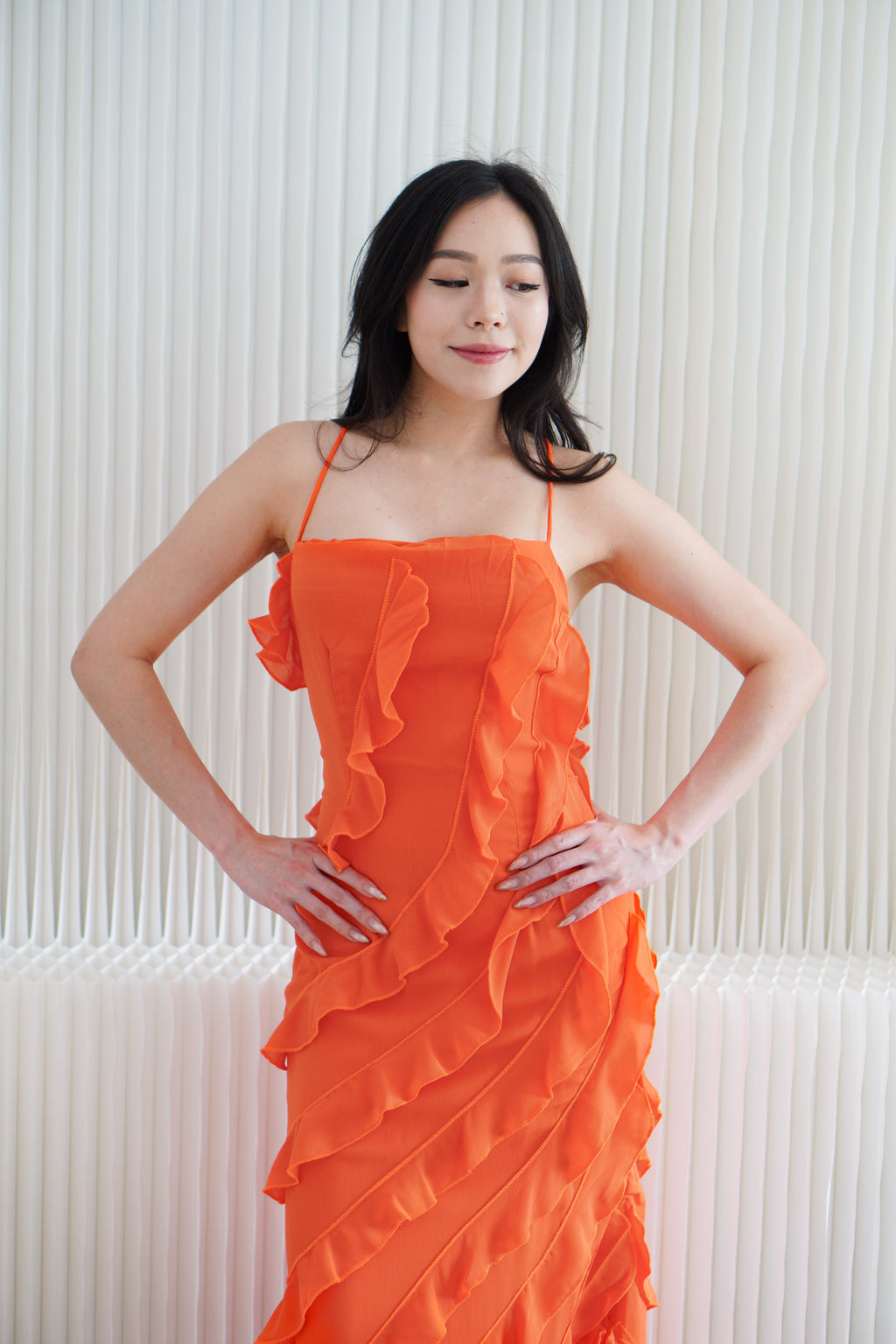 (BACKORDER) Winslet Crossback Maxi Dress with Frills in Orange