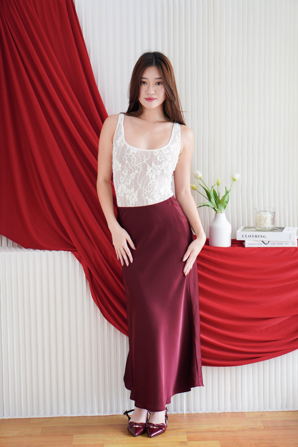 With Faith Satin Skirt in Dark Red