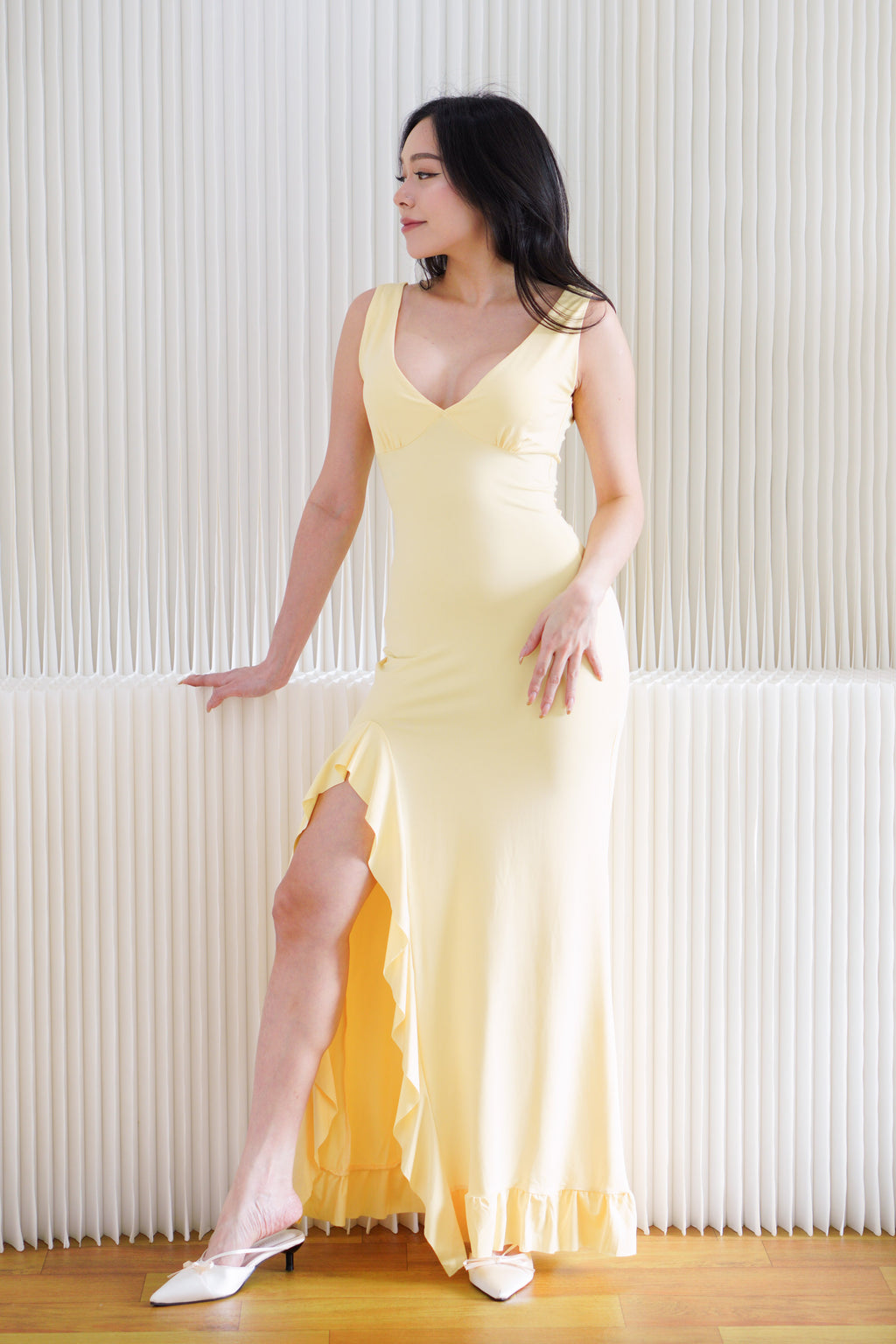 Zalinne Deep V Bodycon Maxi Dress with Frills in Yellow