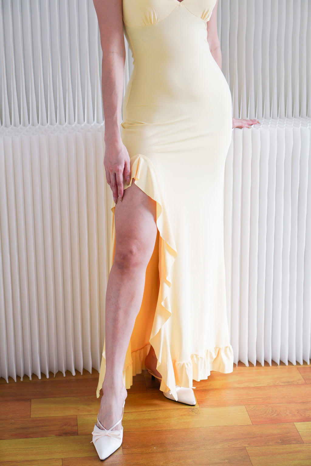 Zalinne Deep V Bodycon Maxi Dress with Frills in Yellow