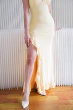 Zalinne Deep V Bodycon Maxi Dress with Frills in Yellow