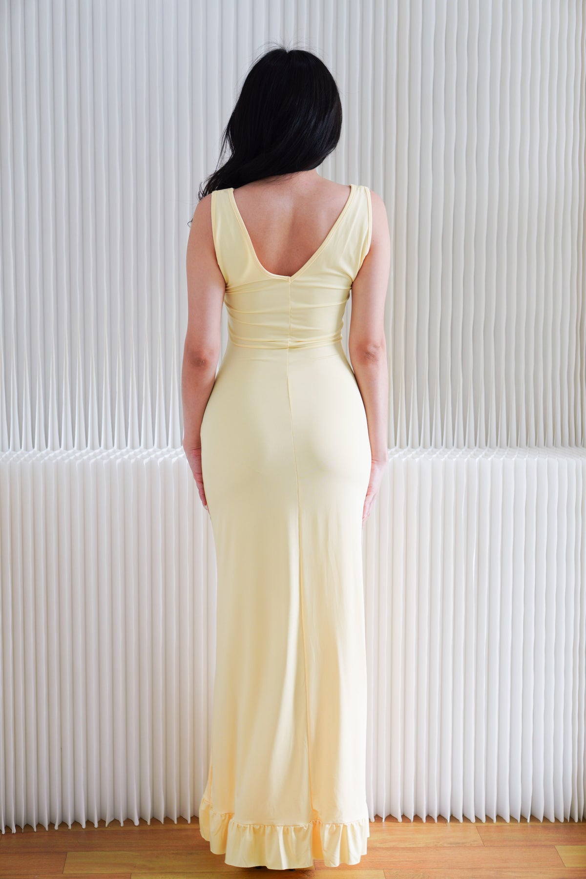 Zalinne Deep V Bodycon Maxi Dress with Frills in Yellow