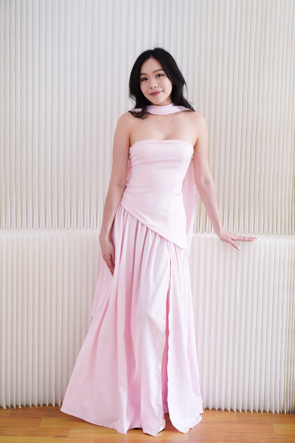 Dephora Tube Maxi Asymmetrical Dress with Sash in Pink