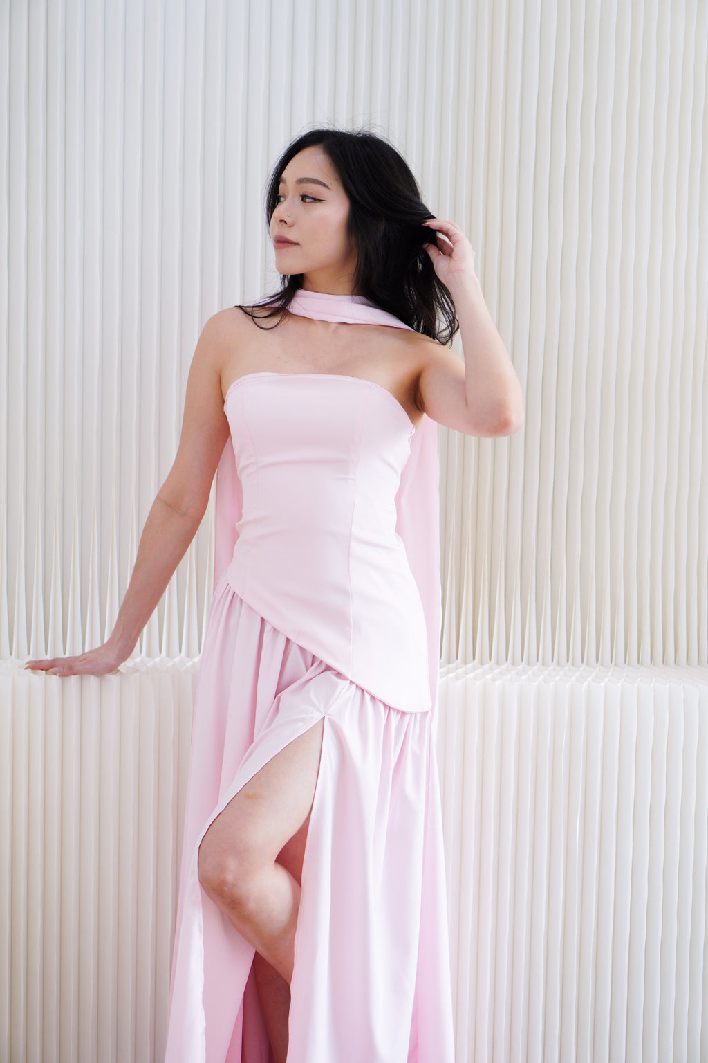 Dephora Tube Maxi Asymmetrical Dress with Sash in Pink
