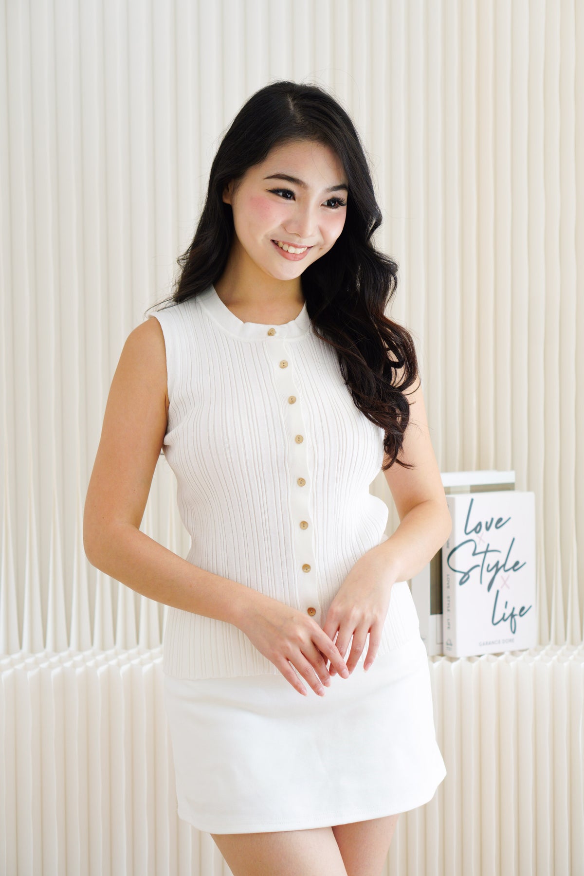 Noelle Button Down Sleeveless Knit Top in White