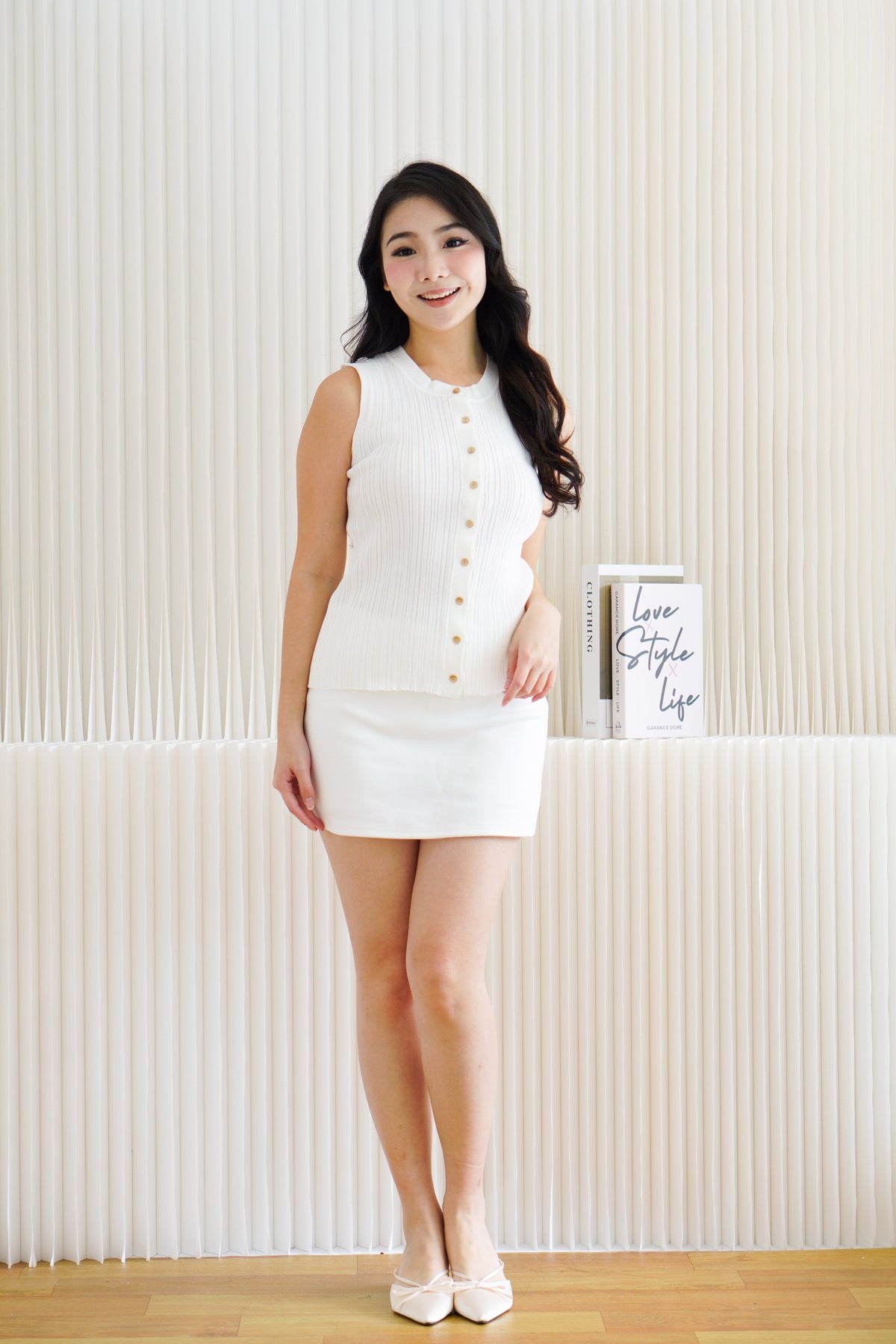 Noelle Button Down Sleeveless Knit Top in White