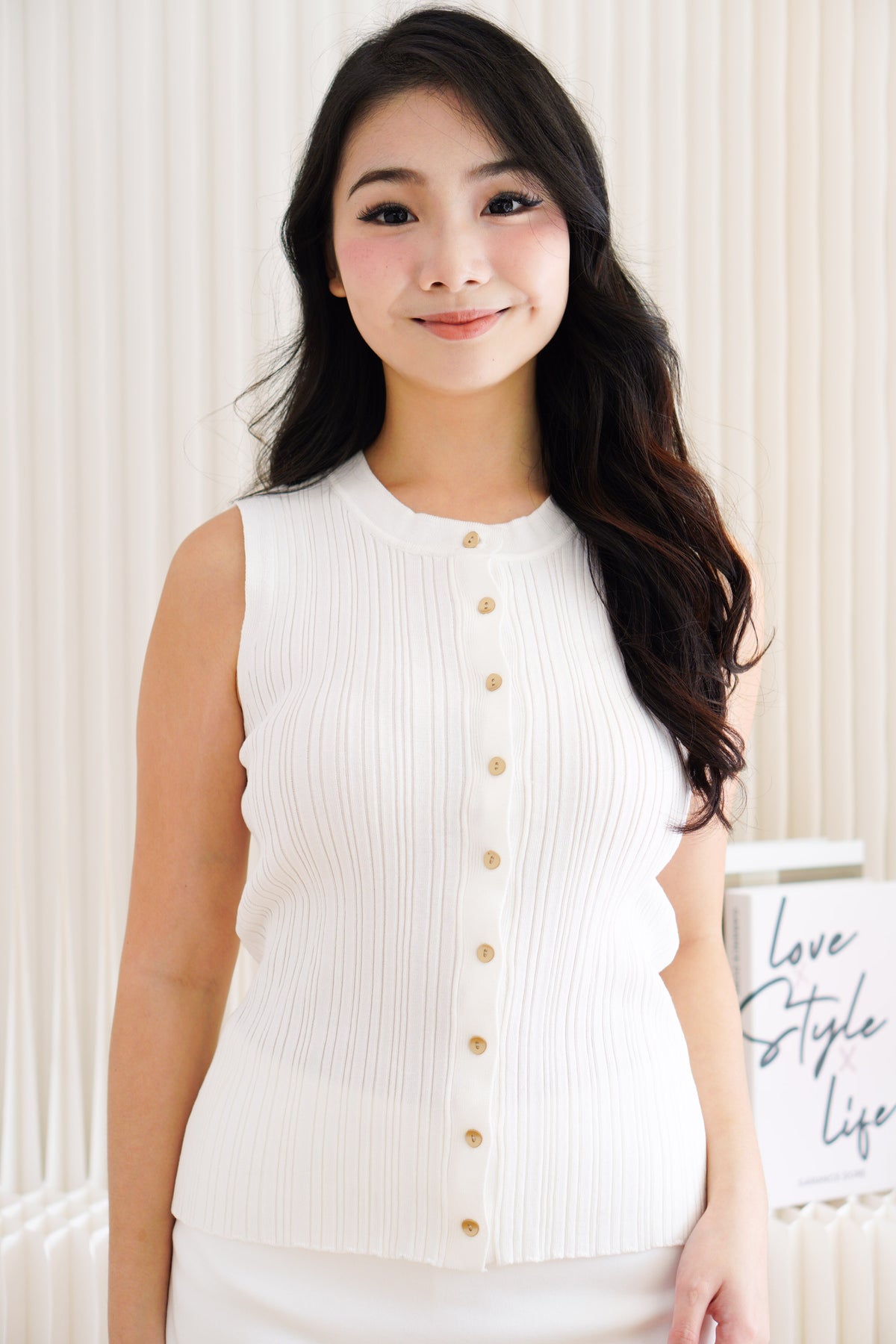 Noelle Button Down Sleeveless Knit Top in White