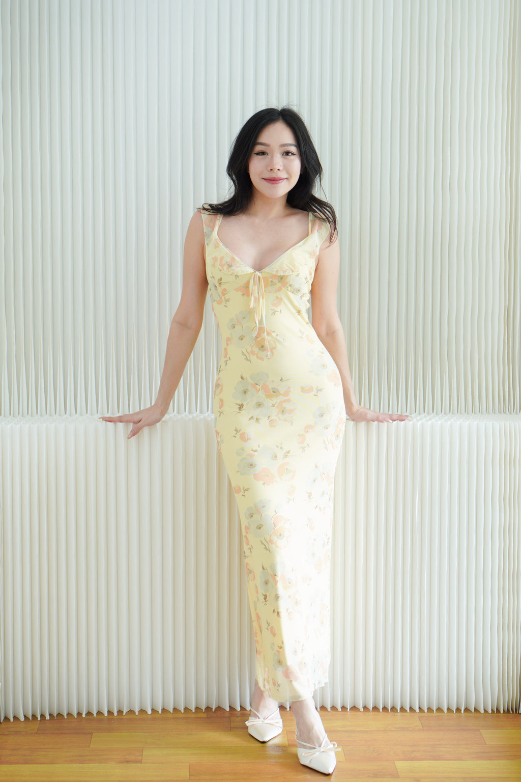 Nyrisse Floral Mesh Bodycon Maxi Dress in Yellow