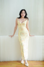 Nyrisse Floral Mesh Bodycon Maxi Dress in Yellow
