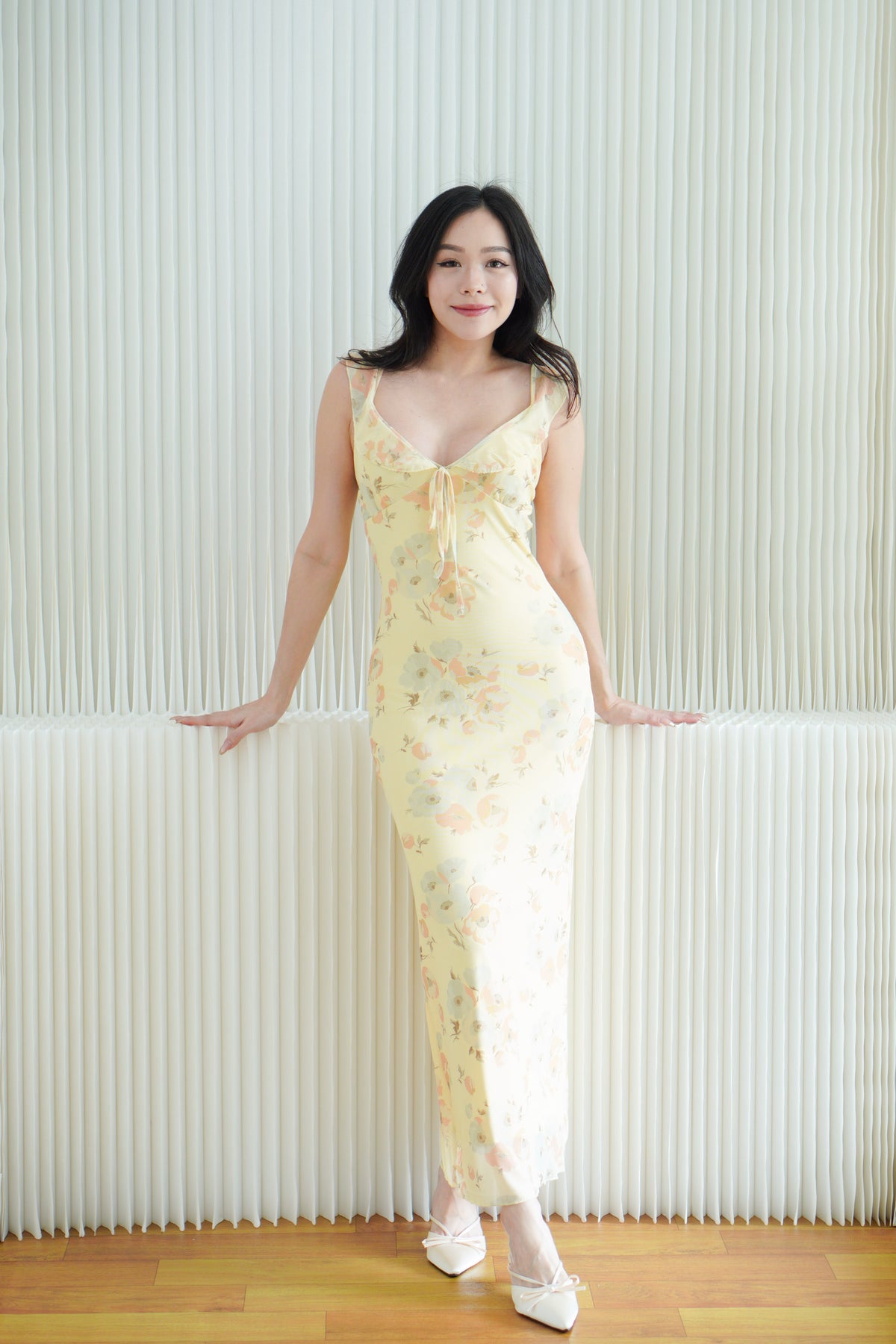 Nyrisse Floral Mesh Bodycon Maxi Dress in Yellow
