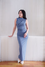 Iriah High Neck Ruched Bodycon Maxi Dress in Dark Blue