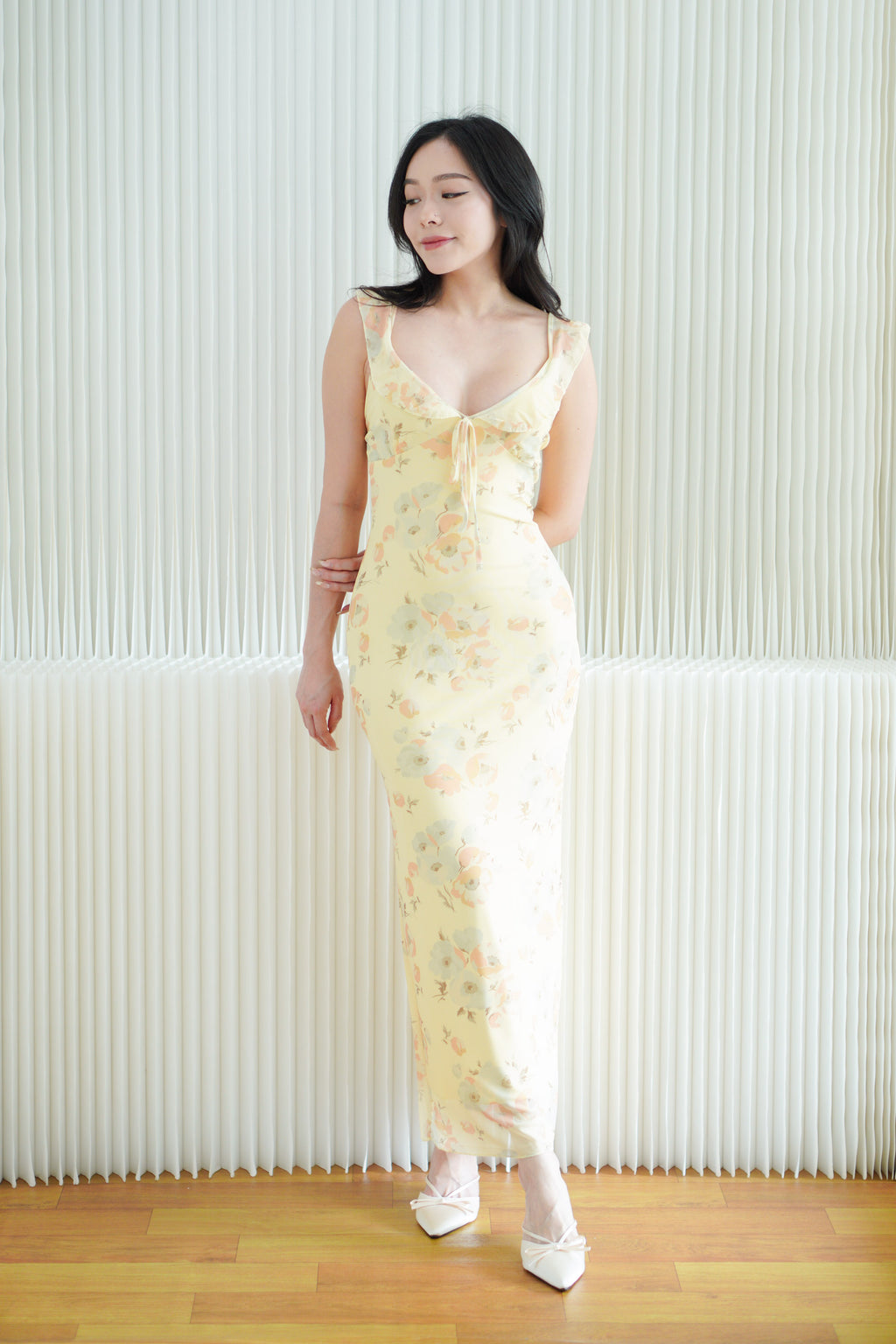 Nyrisse Floral Mesh Bodycon Maxi Dress in Yellow