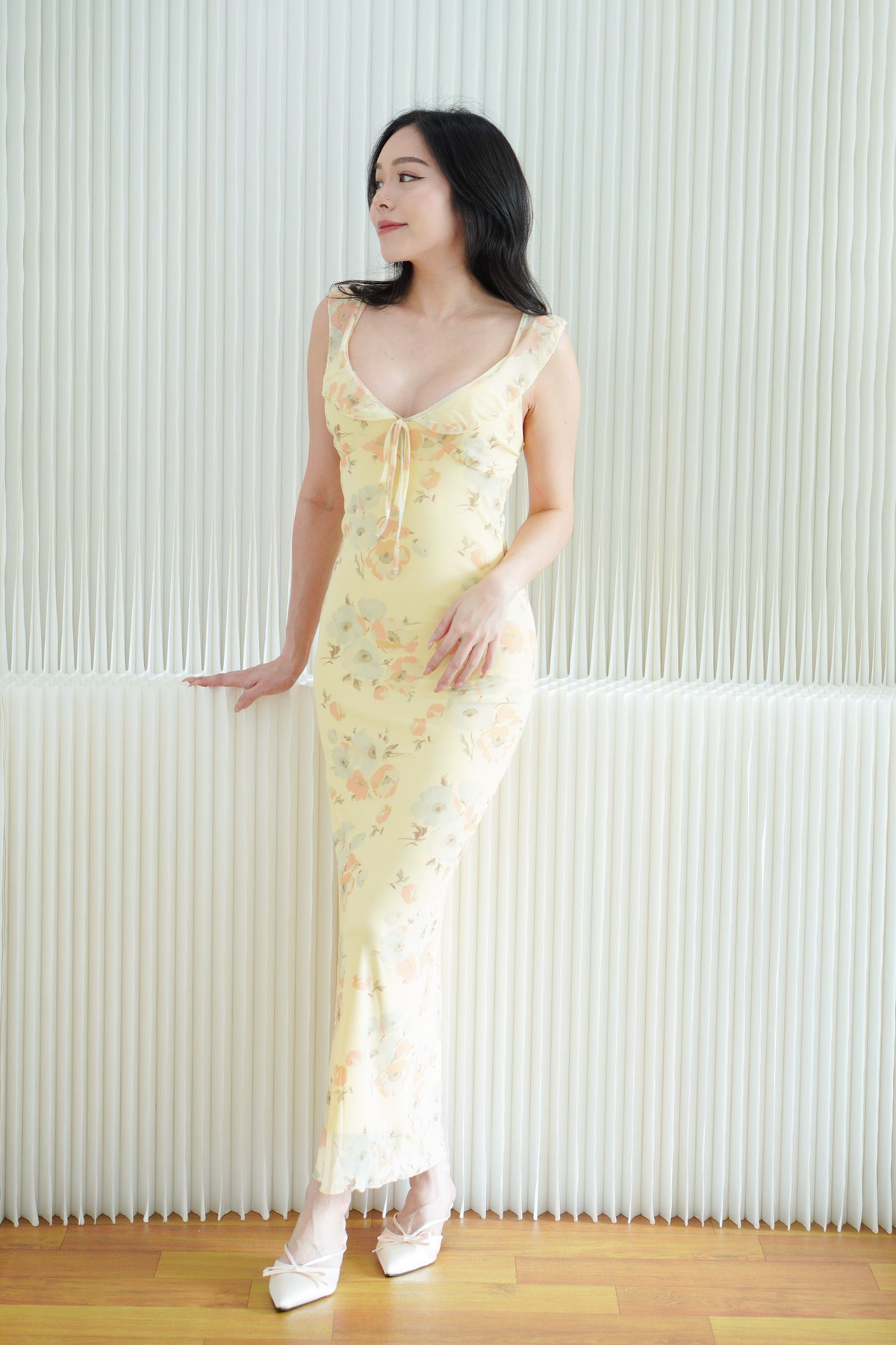 Nyrisse Floral Mesh Bodycon Maxi Dress in Yellow