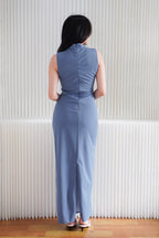 Iriah High Neck Ruched Bodycon Maxi Dress in Dark Blue