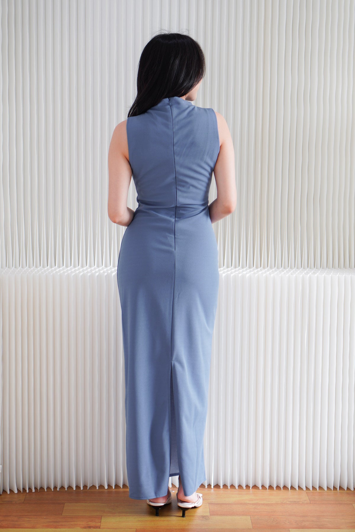 Iriah High Neck Ruched Bodycon Maxi Dress in Dark Blue