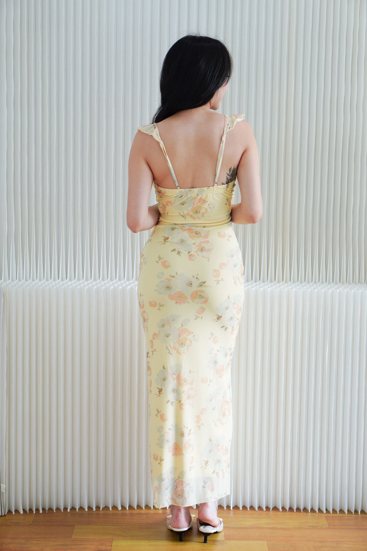 Nyrisse Floral Mesh Bodycon Maxi Dress in Yellow