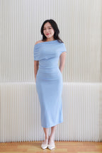 Nhaya Toga Off Shoulder Bodycon Maxi Dress in Blue