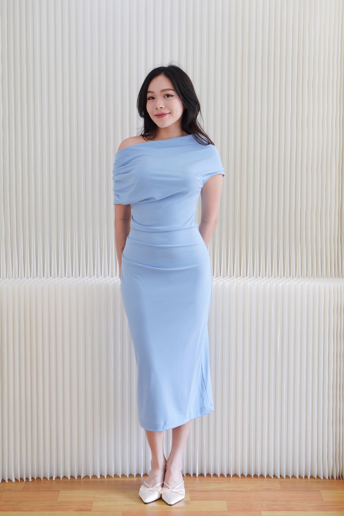 Nhaya Toga Off Shoulder Bodycon Maxi Dress in Blue