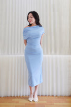 Nhaya Toga Off Shoulder Bodycon Maxi Dress in Blue