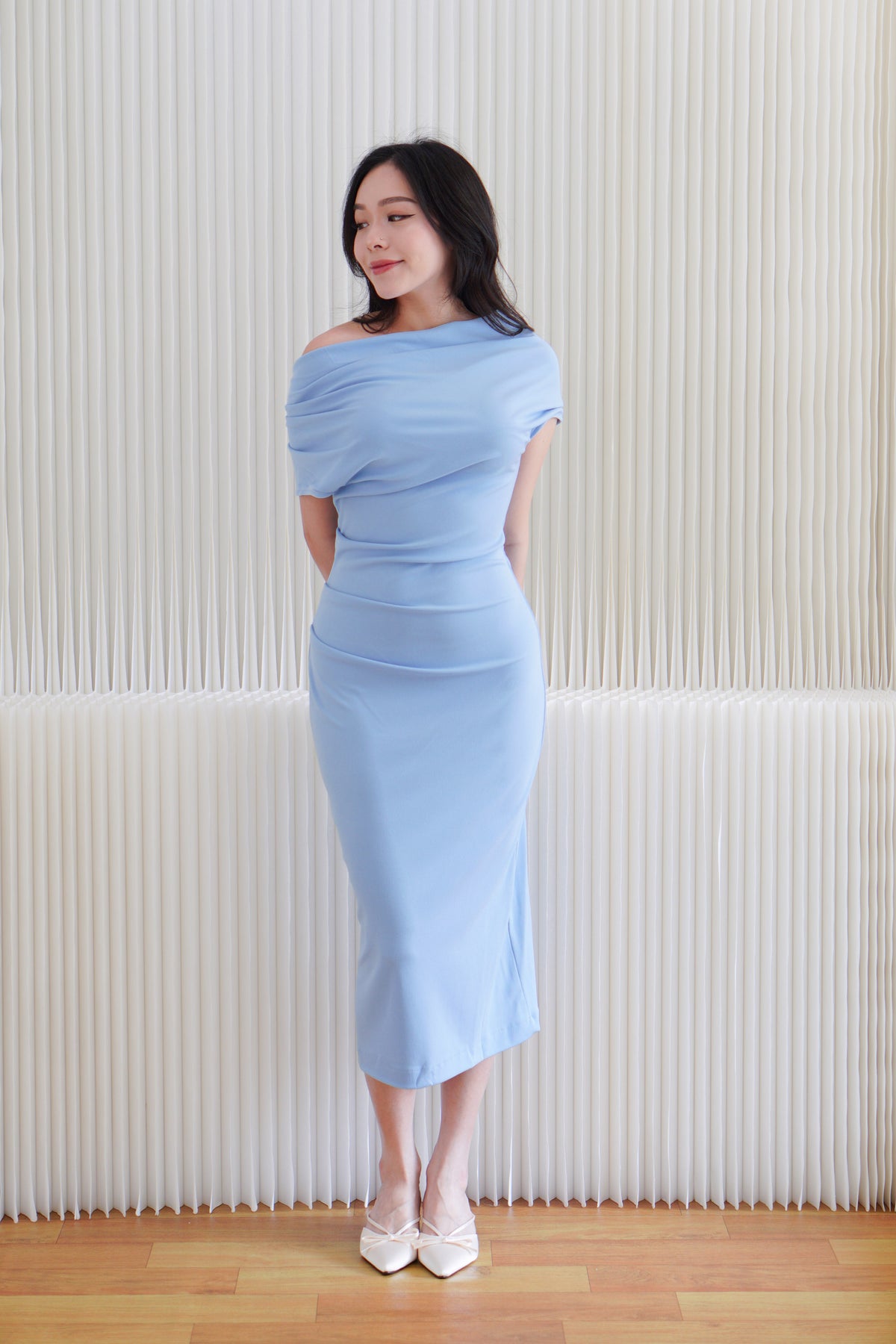 Nhaya Toga Off Shoulder Bodycon Maxi Dress in Blue