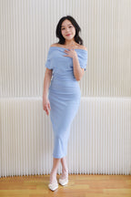 Nhaya Toga Off Shoulder Bodycon Maxi Dress in Blue