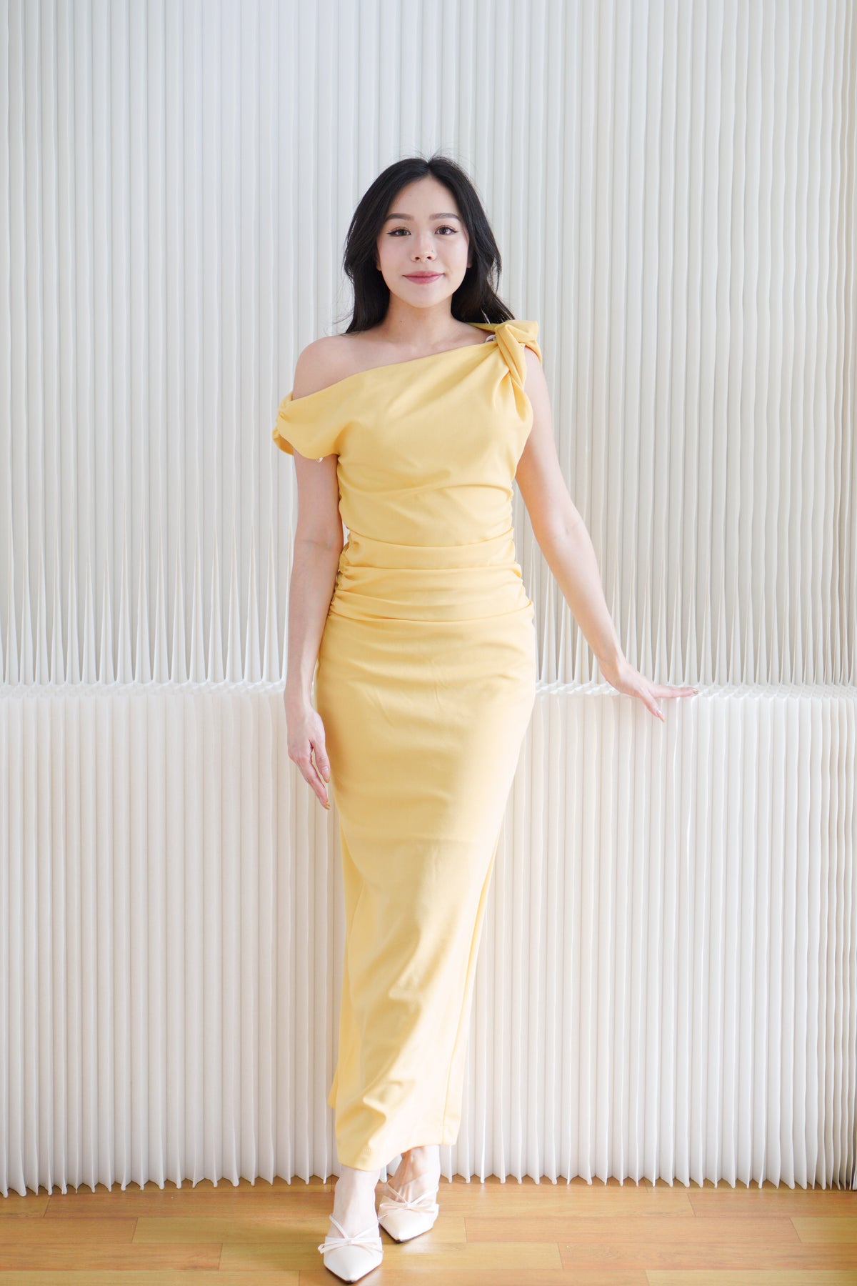 (BACKORDER) Maristelle Ruched Knot Toga Maxi Dress in Yellow