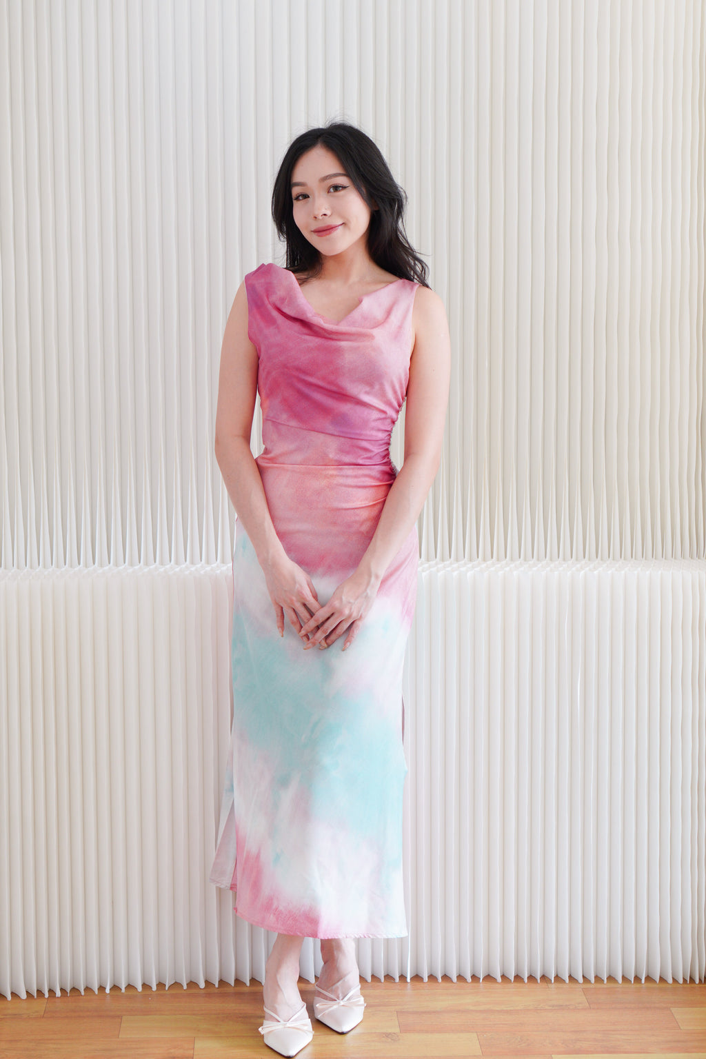 Vaelie Cowl Neck Ombre Maxi Dress in Pink