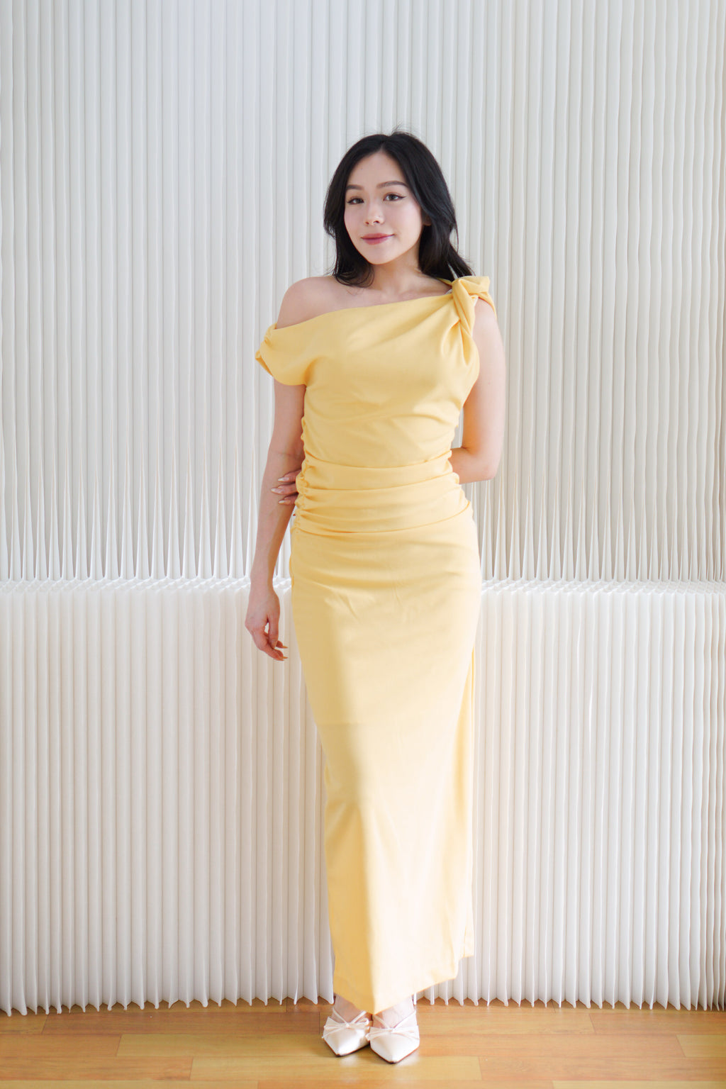 (BACKORDER) Maristelle Ruched Knot Toga Maxi Dress in Yellow