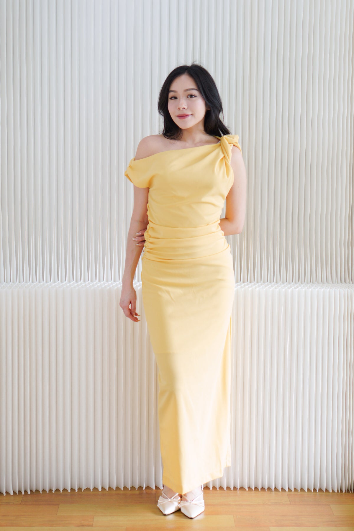 (BACKORDER) Maristelle Ruched Knot Toga Maxi Dress in Yellow